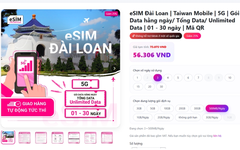 Các gói esim du lịch đài loan từ 3-7 ngày đa dạng dung lượng giúp tối ưu chi phí hành trình